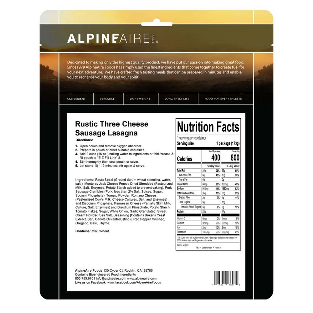 Alpine Aire Rustic Three Cheese Sausage Lasagna Freeze-Dried Meals