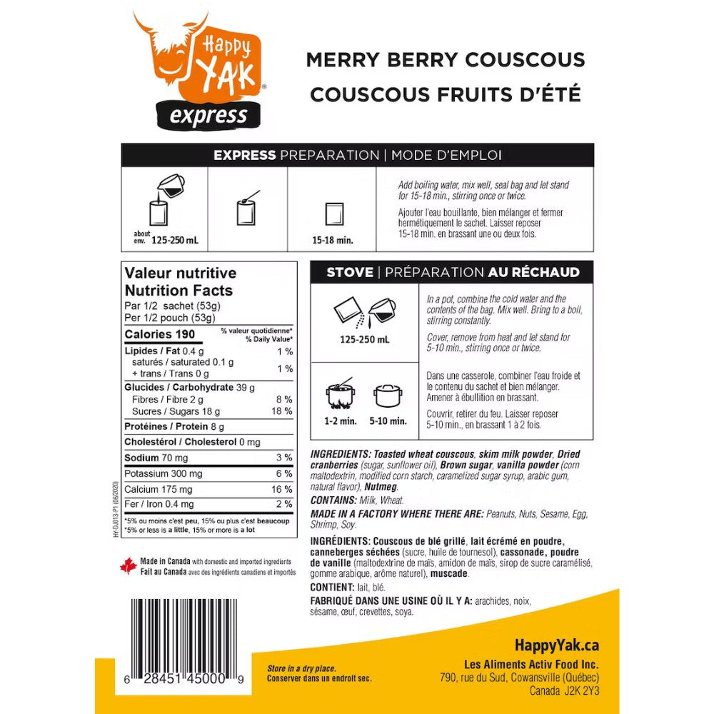 Happy Yak Merry Berry Couscous Freezedried Meals