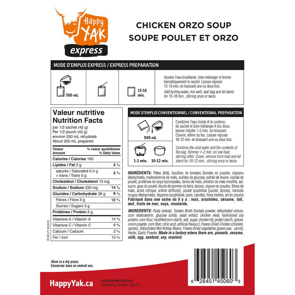 Happy Yak Chicken Orzo Soup (Express) Freeze-Dried Meal
