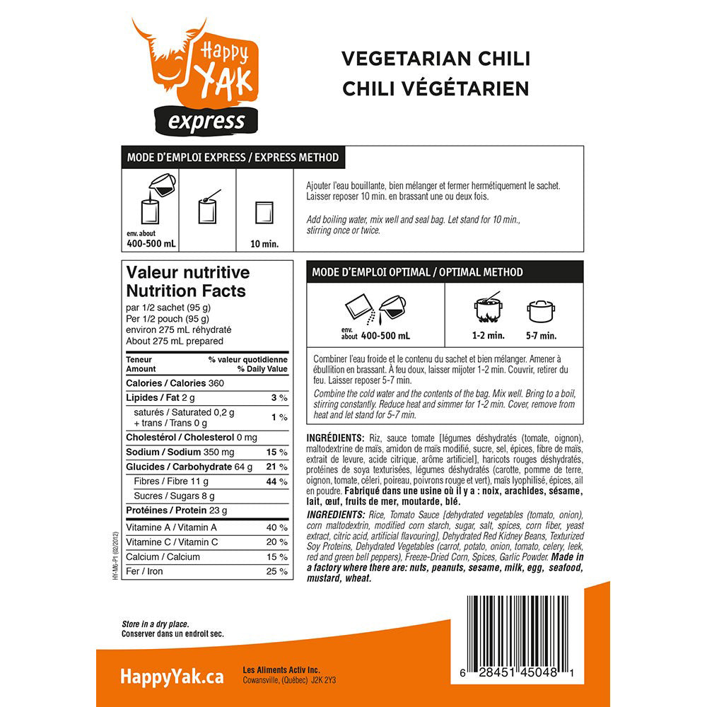Chili végétarien - Mets lyophilisés Happy Yak